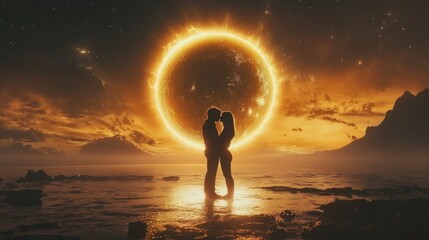 Eternal Love Under Celestial Ring: A Romantic Silhouette at Sunset