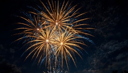 Bright gold and blue fireworks explode against a dark night sky.

