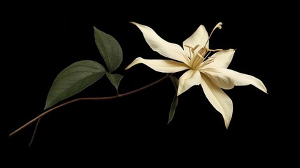 Delicate Cream Clematis Bloom Against Black Background.