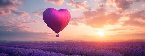 Fototapeta premium Heart-Shaped Hot Air Balloon over Lavender Field at Sunset