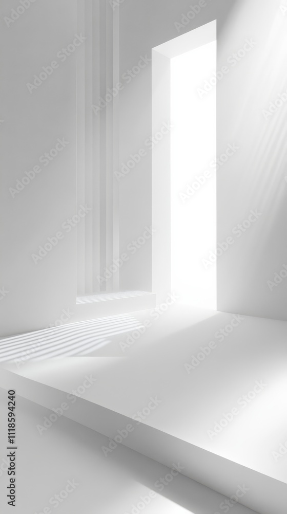 Poster light and passage: a minimalist and ethereal architectural space bathed in natural light, featuring 