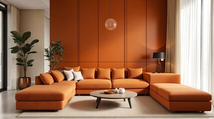 Stylish Living Room with Burnt Orange Sofa and Sleek Walnut Coffee Table (Interior Design)