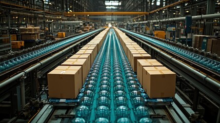 Fototapeta premium A vibrant warehouse buzzes with movement as packages glide smoothly on conveyor belts
