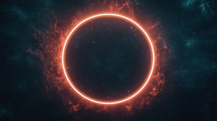 An ethereal, glowing circular shape surrounded by vibrant, fiery particles against a dark cosmic backdrop.