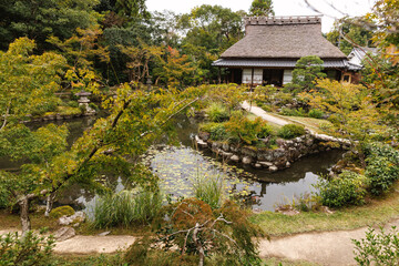 Fototapeta premium A serene Japanese garden with a traditional house by a tranquil pond, offering a peaceful escape