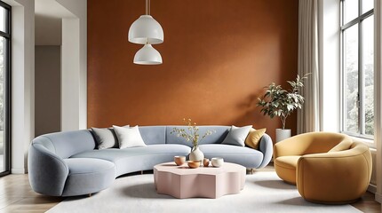 Fototapeta premium Living Room with Dusty Blue Sofa and Warm Burnt Sienna Accents (Interior Design)