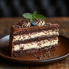 Plate with a slice of chocolate cake filled with cream