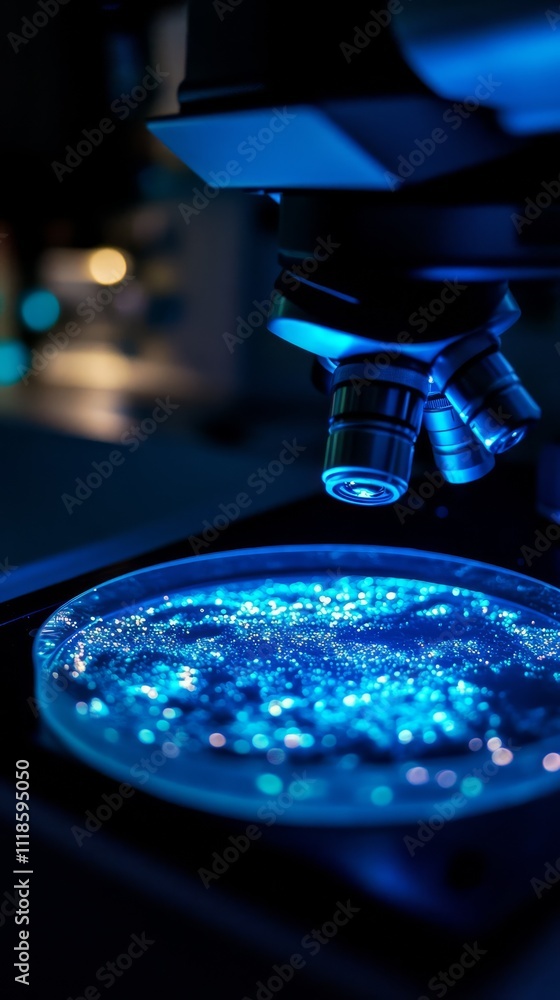 Aufkleber microscope's glimpse: a close-up view of a high-powered microscope illuminates a laboratory slide. t