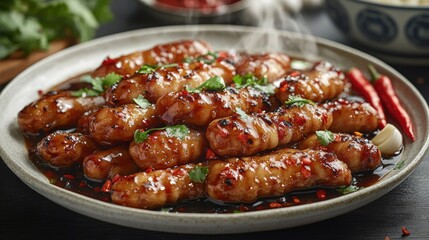 An array of tantalizing grilled skewers drenched in rich sauce, surrounded by vibrant ingredients