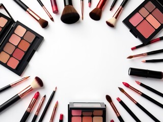 Makeup brushes, lipsticks and eyeshadow palettes forming a frame on white background