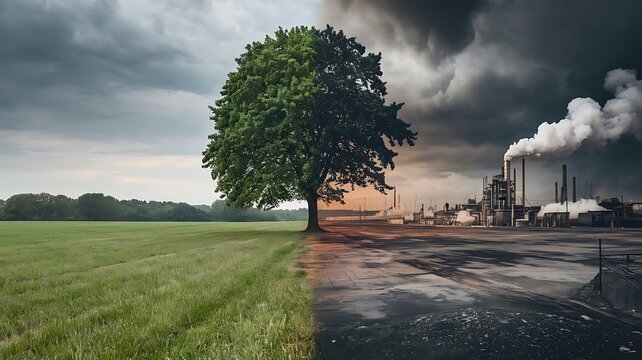 landscape divided in half, showing a lush green field with a single large tree on one side and a desolate, polluted industrial zone on the other. Dark clouds and smoke rise from