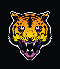 Evil tiger head. Original vector illustration in vintage style. T-shirt design.