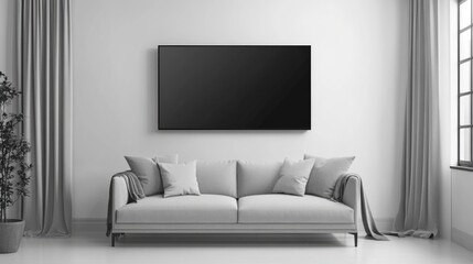 Modern living room interior with a blank screen TV on the wall, sofa and curtains.