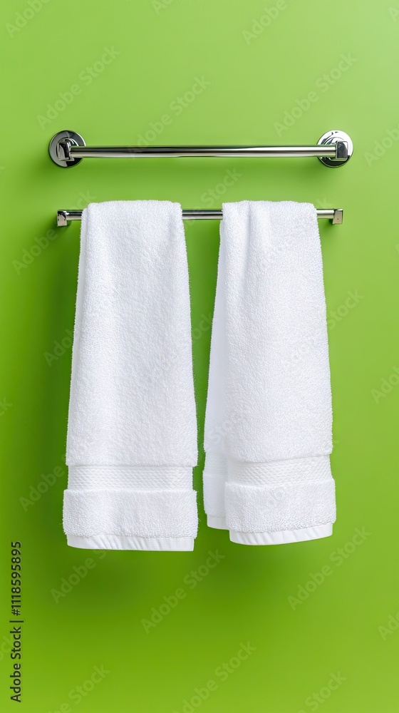 Poster two soft white towels neatly arranged on a chrome rack, enhancing a calming atmosphere in a minimali