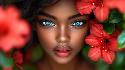 Naklejka premium Portrait of a young woman with striking blue eyes surrounded by vibrant red flowers in a lush garden setting