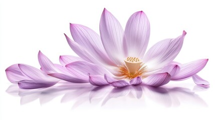 Delicate pink lotus flower, petals gracefully arranged, soft focus, isolated on white background, with reflection.