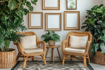 A cozy living room with two wicker chairs with cushions a small wooden side table and indoor plants