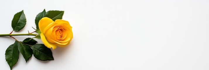 Beautiful Yellow Rose on White Background - A stunning yellow rose with vibrant green leaves placed elegantly on a clean white surface symbolizing love, joy, friendship, and optimism.