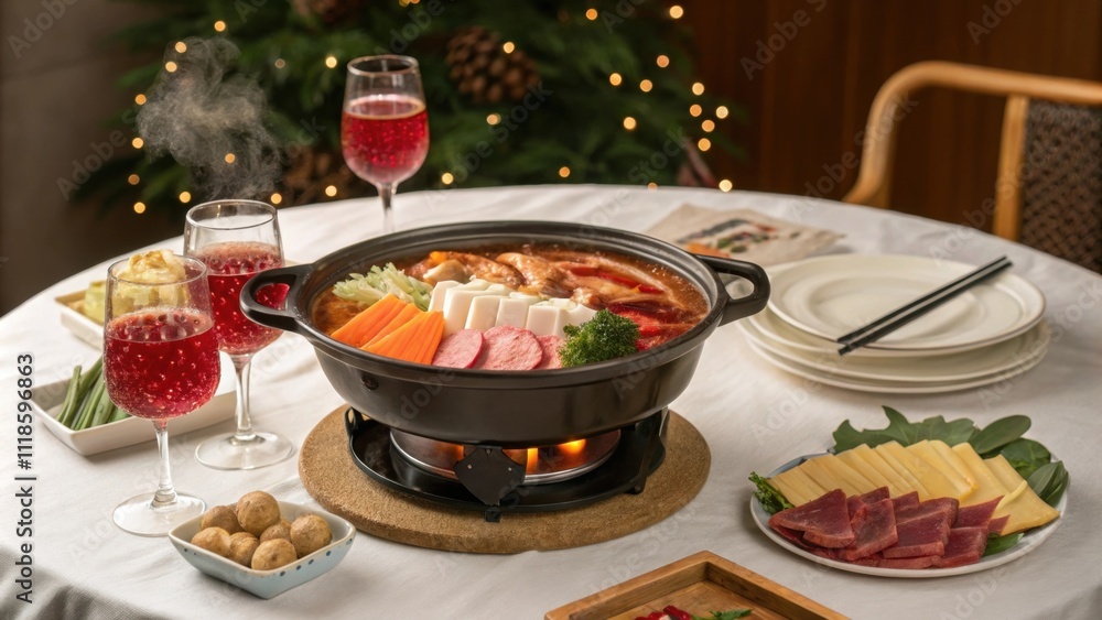 Poster a traditional family setting with a round table covered by a crisp white cloth displaying a steaming