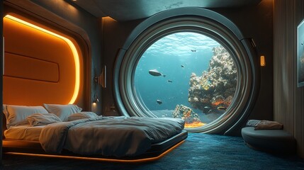 Submarine hotel room with a window view of the Earth's core


