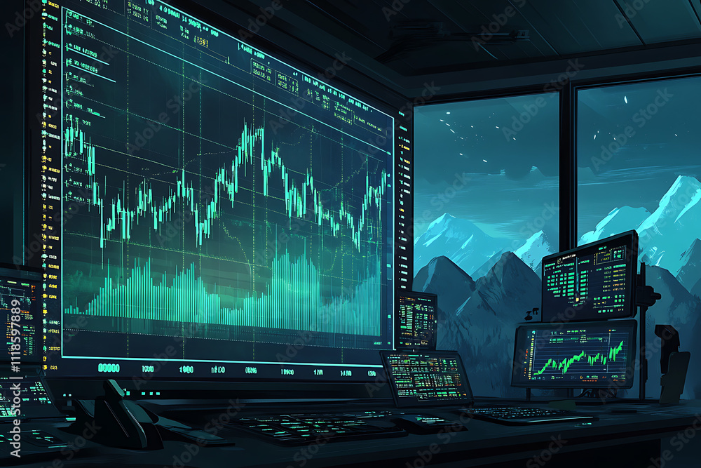 Poster a high-tech trading room with multiple screens displaying stock market data and graphs.