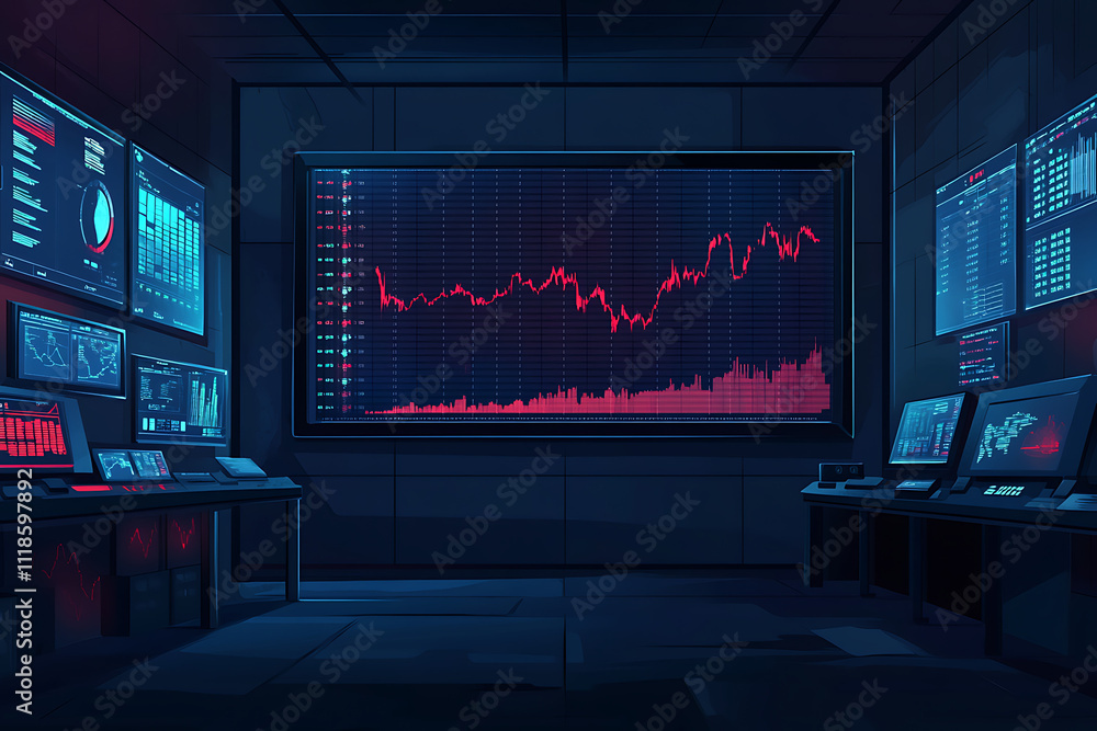 Poster a futuristic control room with data screens displaying stock market trends and analytics.
