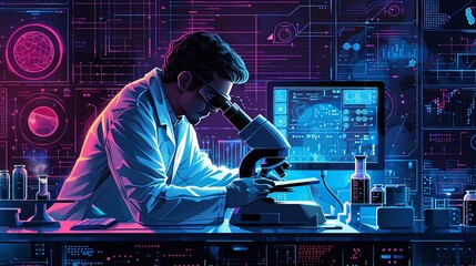 Scientist using a microscope in a futuristic high-tech laboratory setting.