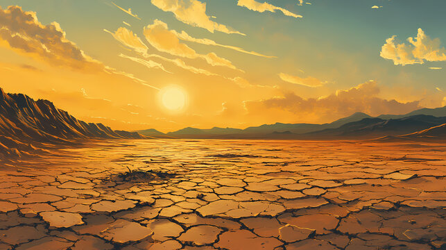 Vast arid desert landscape with a cracked parched earth surface extending to the distant horizon where faint mirages appear due to the intense scorching heat. Mirage. Illustration