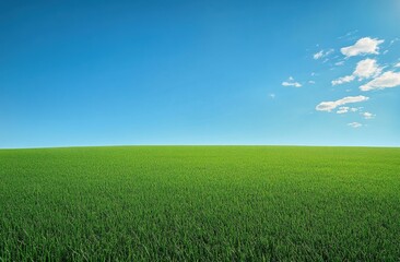 Obraz premium Vibrant green field under a clear blue sky with scattered clouds during a sunny day in summer