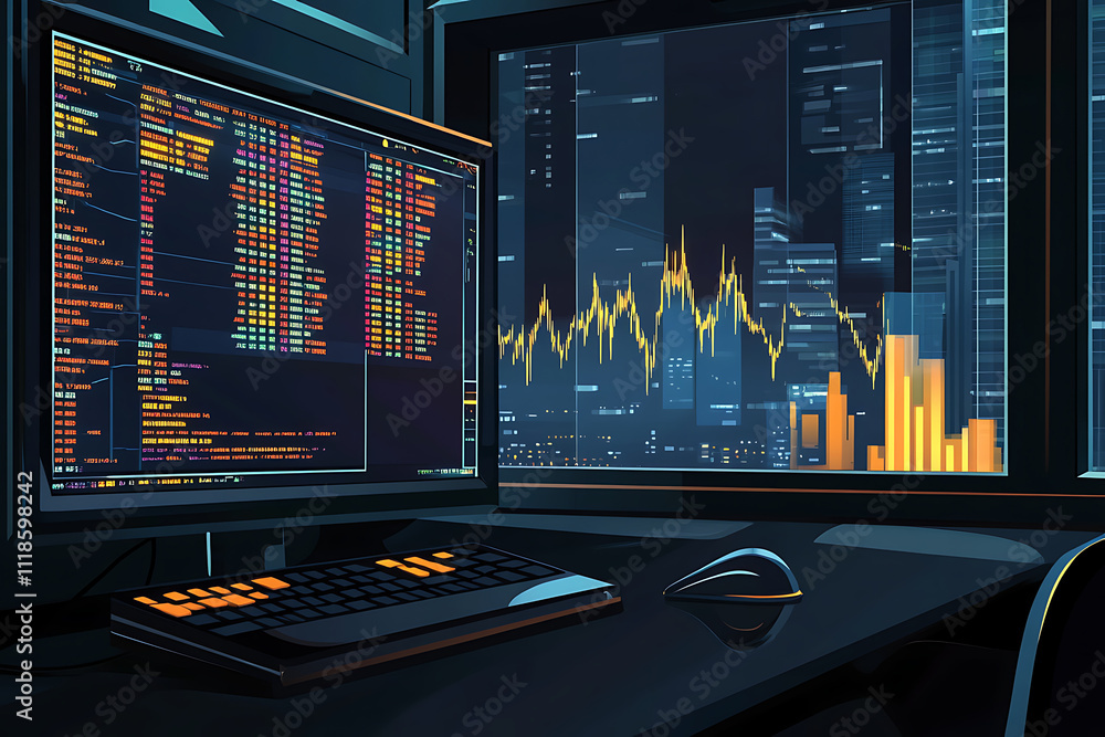 Poster a modern workspace featuring a computer displaying code and financial data against a city backdrop.