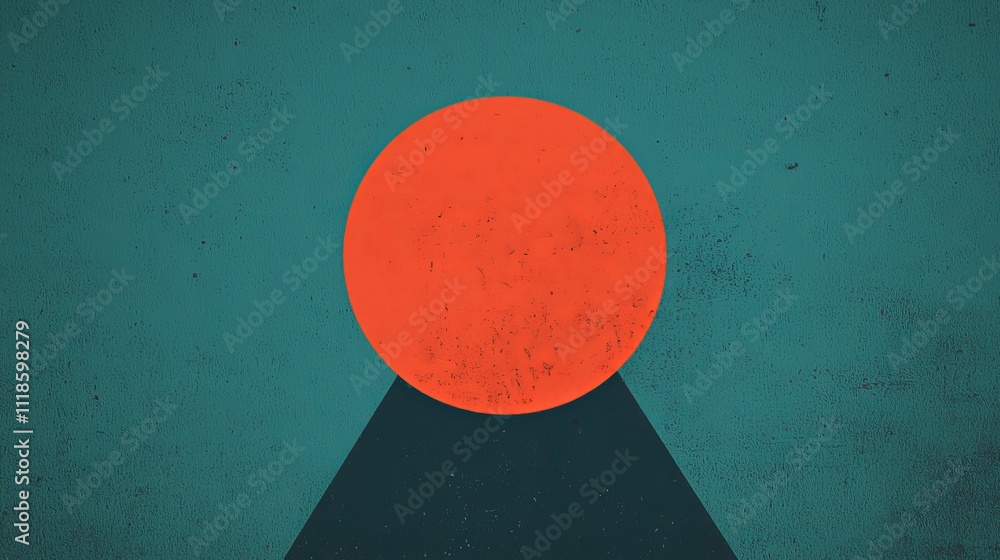 Aufkleber a minimalist design featuring a large red circle above a dark triangle on a textured teal background