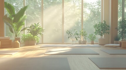 Serene Yoga Studio Sunlight Filled Room With Plants