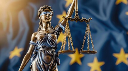 Obraz premium A statue of Lady Justice with scales, set against a backdrop of the European Union flag. The scene is serious and symbolic, representing law and justice.
