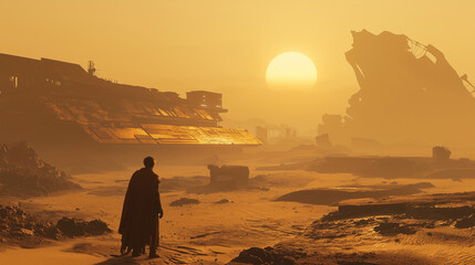 Fototapeta premium A lone figure stands in a desolate desert landscape at sunset, with wrecked futuristic structures in the background