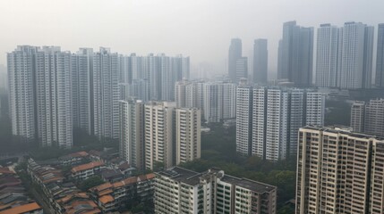 Fototapeta premium Foggy aerial view of urban skyscrapers