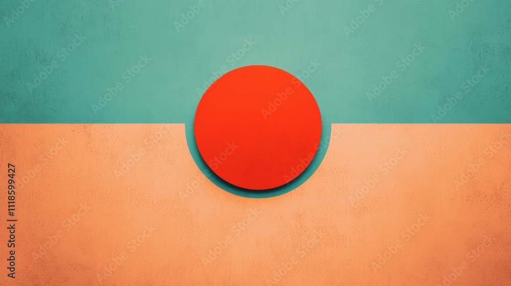 Poster a minimalist design featuring a large red circle against a teal and peach background, emphasizing co