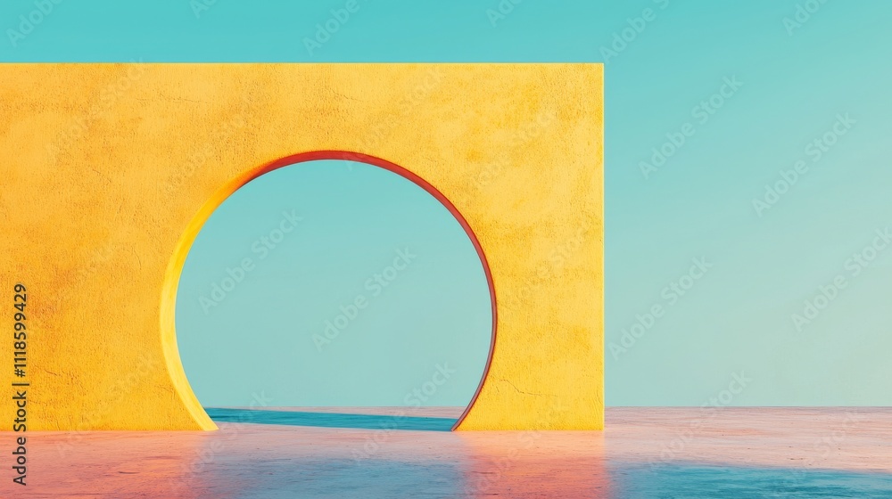Poster a vibrant yellow structure with a circular opening stands against a serene blue sky, reflecting on a