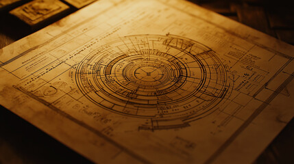 Vintage-style architectural blueprint with circular design, glowing warm tones, and intricate technical details