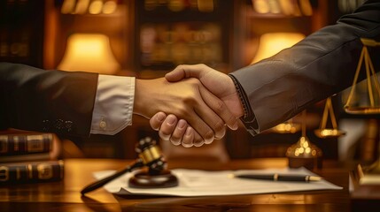 Lawyers shaking hands, symbolizing a legal agreement or partnership.