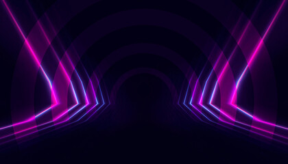Abstract neon tunnel, neon background. Bright rays and lines.