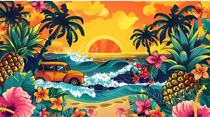 Vintage Cars at Tropical Sunset with Vibrant Colors and Palm Trees by the Ocean