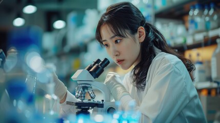 Asian female scientist analyzing petri dish samples under a microscope in a state-of-the-art pharmaceutical lab. Colleagues working on biotech research