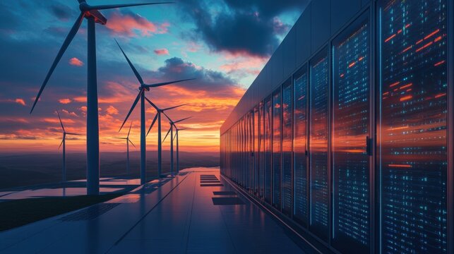 Futuristic data center with wind turbines at sunset
