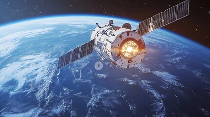 Spacecraft Orbiting Earth Showing Solar Panels and Earths Curvature