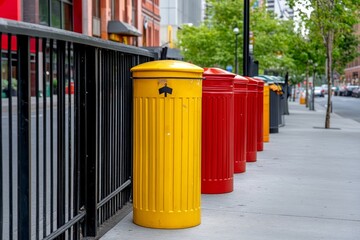 Colorful Urban Trash Bins Line Street - A vibrant row of colorful trash bins in an urban setting, enhancing the street's aesthetic while promoting cleanliness.
