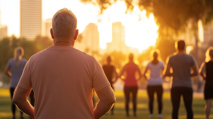 Group practicing tai chi chuan in city park at sunset, promoting health, wellness, and mindfulness