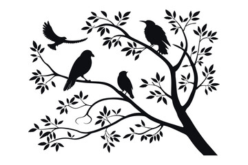 silhouette of birds perched on a tree branch with leaves. eps 10