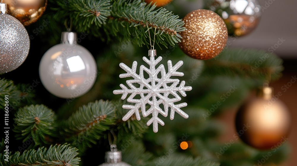 Poster a captivating close-up features a shimmering white snowflake ornament nestled in the branches of a c