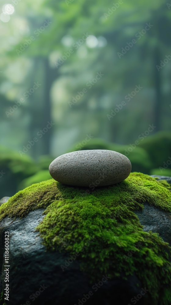 Poster moss-covered rock with a smooth stone resting on top in a serene forest setting