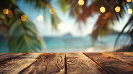 A deserted wooden table with a blurred beach party in the background, capturing the essence of laid-back seaside gatherings.